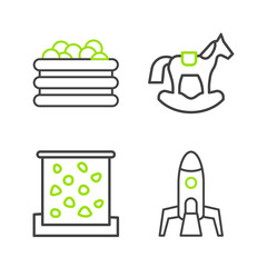 Set line Rocket ship, Climbing wall, Horse saddle swing and Pool with balls icon. Vector