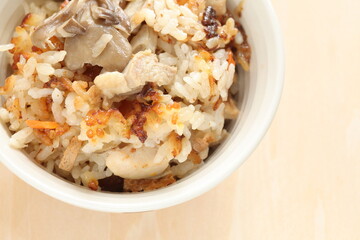 Japanese food, Takikomi Gohan  Japanese rice dish in which short-grain rice is cooked with vegetables, mushrooms and chicken