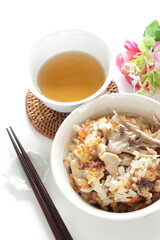 Japanese food, Takikomi Gohan  Japanese rice dish in which short-grain rice is cooked with vegetables, mushrooms and chicken