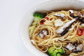 Canned sardines fish and broccoli spaghetti for Italian food