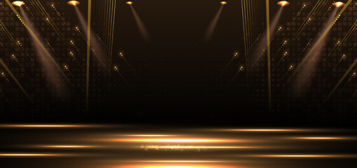 Elegant golden stage vertical glowing with lighting effect sparkle on black background.