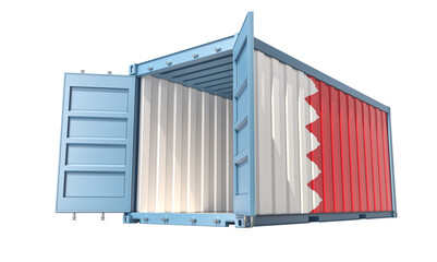 Cargo Container with open doors and Bahrain national flag design. 3D Rendering