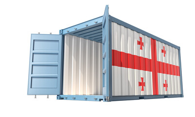 Cargo Container with open doors and Georgia national flag design. 3D Rendering