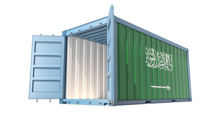 Cargo Container with open doors and Saudi Arabia national flag design. 3D Rendering