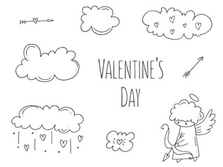 Set of cute hand-drawn doodle elements about love. Message stickers for apps. Icons for Valentines Day, romantic events and wedding. Cupid with a bow and arrow in the clouds.