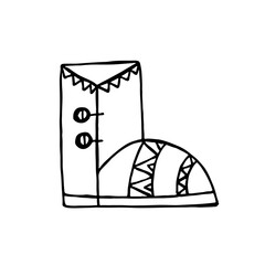 A hand-drawn winter clothing. Vector illustration in doodle style. Winter mood. Hello 2023. Merry Christmas and Happy New Year. Black boot with ornament on a white background.