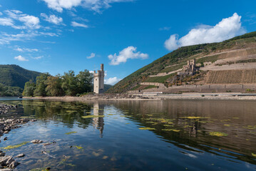 Obraz premium Rhine near Bingen in Rhineland-Palatinate with extremely low water in drought summer 2022