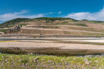 Rhine near Bingen in Rhineland-Palatinate with extremely low water in drought summer 2022