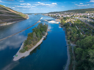 Rhine near Bingen in Rhineland-Palatinate with extremely low water in drought summer 2022