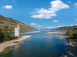 Rhine near Bingen in Rhineland-Palatinate with extremely low water in drought summer 2022