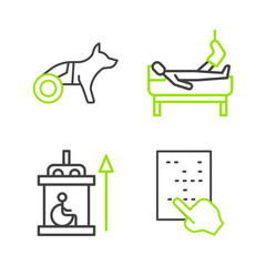 Set line Braille, Elevator for disabled, Patient with broken leg and Dog in wheelchair icon. Vector
