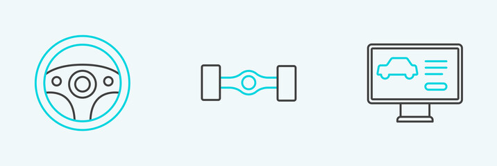 Set line Diagnostics condition of car, Steering wheel and Chassis icon. Vector