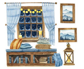 Watercolor illustration of window at night and bookshelf