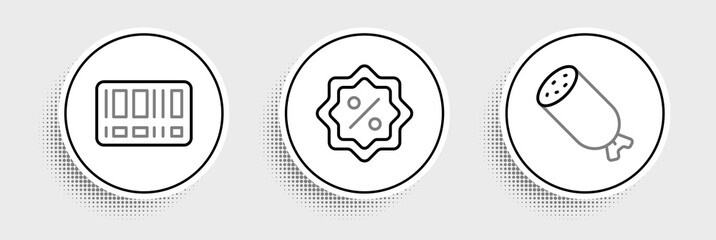 Set line Salami sausage, Barcode and Discount percent tag icon. Vector