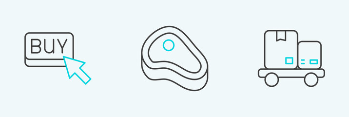 Set line Hand truck and boxes, Buy button and Steak meat icon. Vector