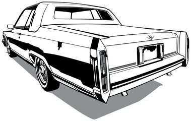 Drawing of a Classic Vintage Car American Limousine from Rear View - Black and White Illustration Isolated on White Background, Vector - obrazy, fototapety, plakaty