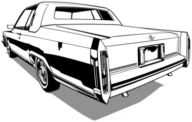 Deurstickers Drawing of a Classic Vintage Car American Limousine from Rear View - Black and White Illustration Isolated on White Background, Vector © Roman Dekan