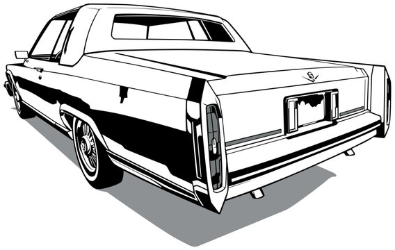 Drawing of a Classic Vintage Car American Limousine from Rear View - Black and White Illustration Isolated on White Background, Vector