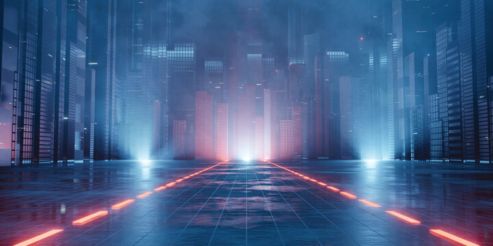 3D Rendering of neon mega city with light reflection from puddles on street heading toward buildings. Concept for night life,  business district center (CBD)Cyber punk theme, tech background 