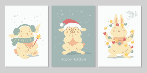 Set posters rabbits with christmas hat, garland, star. Trendy print design collection of Chinese New Year 2023 symbol, year of rabbit. Design for invitation, greeting card, banner