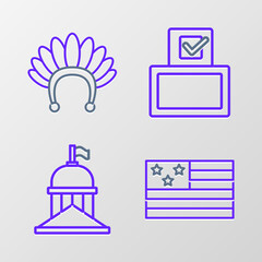 Set line American flag, White House, Vote box and Indian headdress with feathers icon. Vector