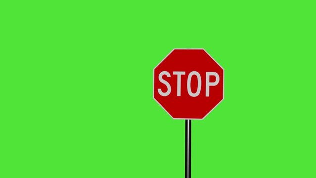 STOP sign, 3D animation on green screen background.