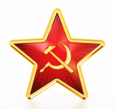 Hammer and sickle communism symbols badge. 3D illustration