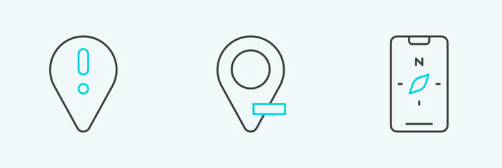 Set line Compass on mobile, Location with exclamation mark and icon. Vector