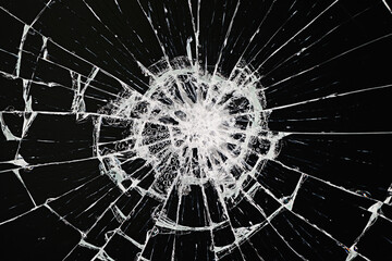 bullet hole on glass black background for overlay, transparent window