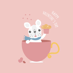 cute and lovely hand drawn cute french bulldog pug holding cup cake in pink cup, happy valentine's day, love concept, flat vector illustration cartoon character costume design