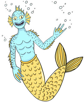 recommend clip art: Digital drawing of a cartoon character. Mythical creature with a tail. Triton waves his hand. Illustration for stickers, prints, decoration and design.