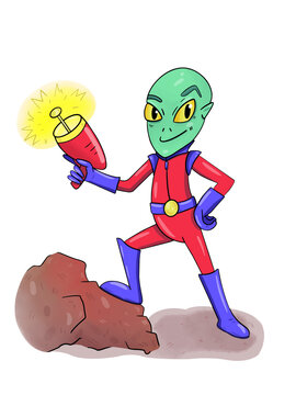 Digital drawing of a cartoon character. Little green alien with a blaster. Illustration for stickers, prints, decoration and design.