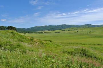 Fototapeta na wymiar Beautiful summer landscape of hilly meadows with blue, cloudy sky