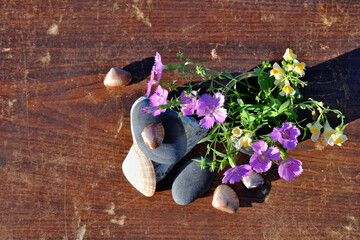 A bouquet of wildflowers in a tin can surrounded by smooth sea stones and shells.