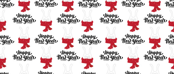 Happy new year! Cute Christmas bunnies with a warm scarf. Beautiful Christmas seamless pattern with bunnies.