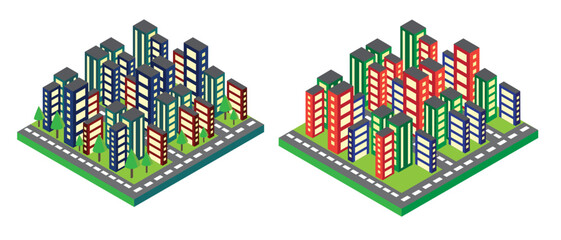2D models of buildings. Stylish isometric houses and neighborhoods. Buildings for business. Layout of a neighborhood. 2D model of a residential complex. Beautiful stylish houses