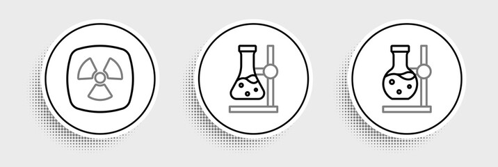 Set line Test tube flask on stand, Radioactive and icon. Vector