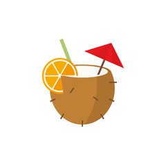 Coconut juice icon, drink glass and fruit illustration.