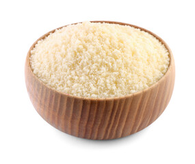 Bowl with grated parmesan cheese isolated on white