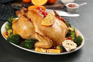 Delicious chicken with oranges, pomegranate and vegetables on black table, closeup
