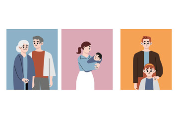 Happy family illustration. Family month. Variations of family love. Senior couple, mother and baby, father and child. Flat vector illustration isolated