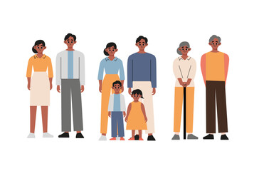 Big Happy African Family Characters Father, Mother, Grandparents and Children Hugging, Holding Hands. Loving Parents and Kids Bonding, Relations, Relaxed Sparetime. Cartoon People  Flat vector