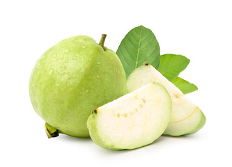 Guava fruit with sliced and leaf isolated on white background. Clipping path.
