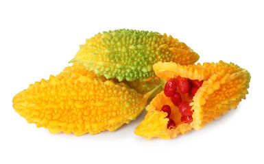 Fresh ripe bitter melons on white background