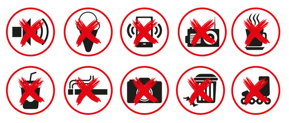 Set of prohibition signs, vector symbols. Signs prohibiting littering, eating, drinking alcohol and drinks, smoking cigarettes and behaving loudly in public places.