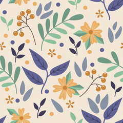 Flowers berries and leaves abstract colorful seamless pattern
