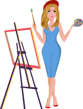 a girl artist in a blue dress and a red beret stands near an easel, holding a palette and a brush in her hands