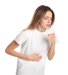 Woman suffering from nausea on white background. Food poisoning