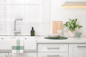 Fototapeta na wymiar Kitchen counter with sink, houseplant and clean dishes