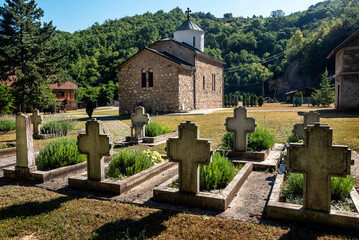 Fototapeta premium Orthodox Christian Monastery. Serbian Monastery of the Ascension (Manastir Vaznesenje). 12th century monastery located in Ovcar-Kablar gorge, near Ovcar Banja, Serbia, Europe